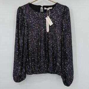 Anthropologie Flat White Black Sequin Blouse Small Party Top NWT